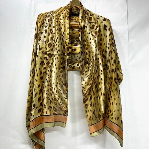 BillBlass 100% silk chiffon, green olive  gold leapard crectangle, size 64x32(48 - Picture 4 of 8